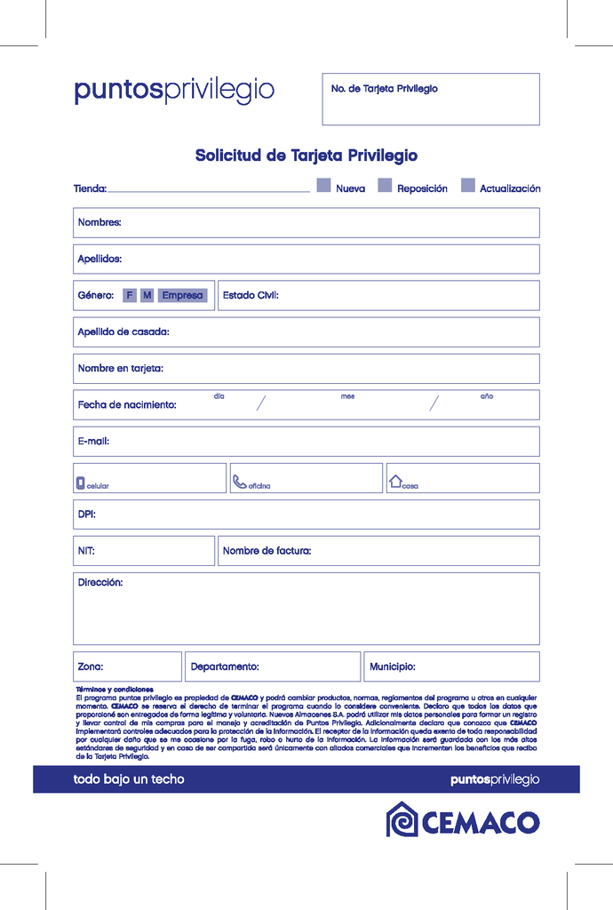 SOLICITUD DE TARJETA PRIVILEGIO  B/50 (860737)