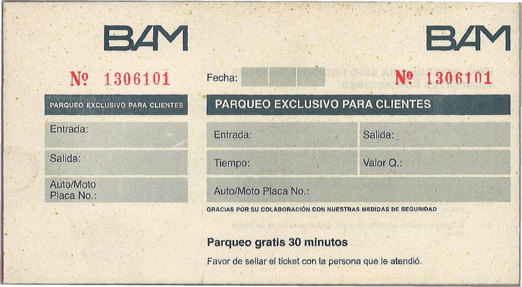 TICKET PARQUEO AGENCIAS BAM F-300 B/100