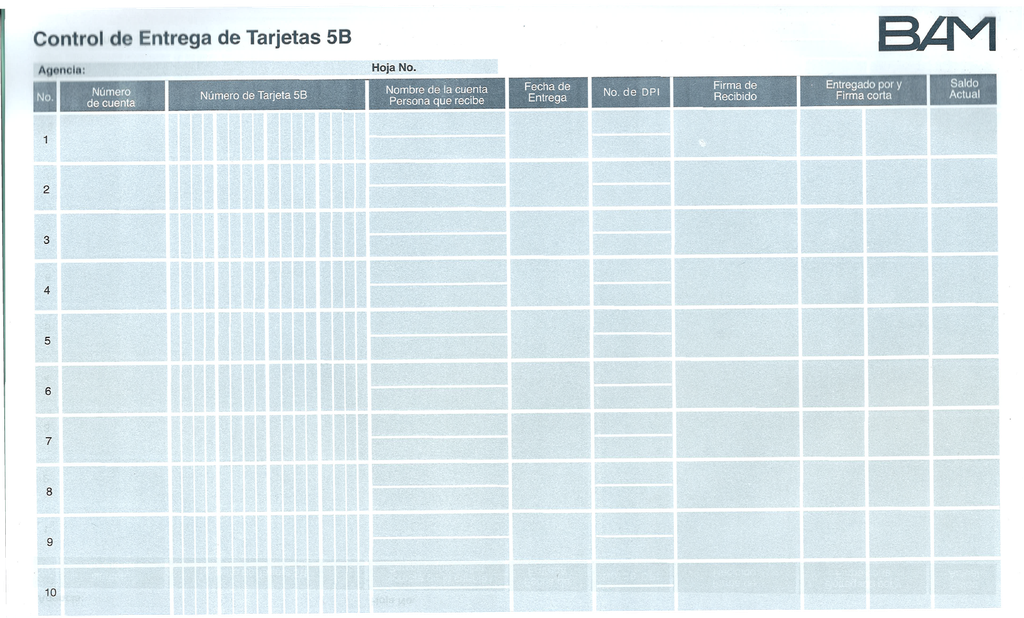 CONTROL ENTREGA TARJETAS 5B BAM F-841