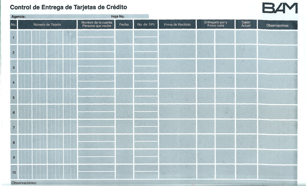 CONTROL ENTREGA TARJETAS DE CREDITO BAM 