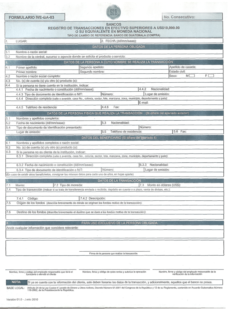 REGISTRO TRANS.EFECTIVO ARRIBA US10,000 BAM 998