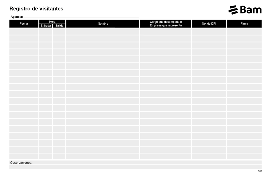 CONTROL DE REGISTRO DE VISITANTES BAM  F-702