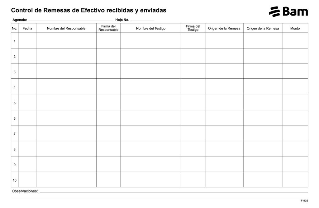 CONTROL ENTREGA REMESAS EN EFECTIVO LIBRO F-902
