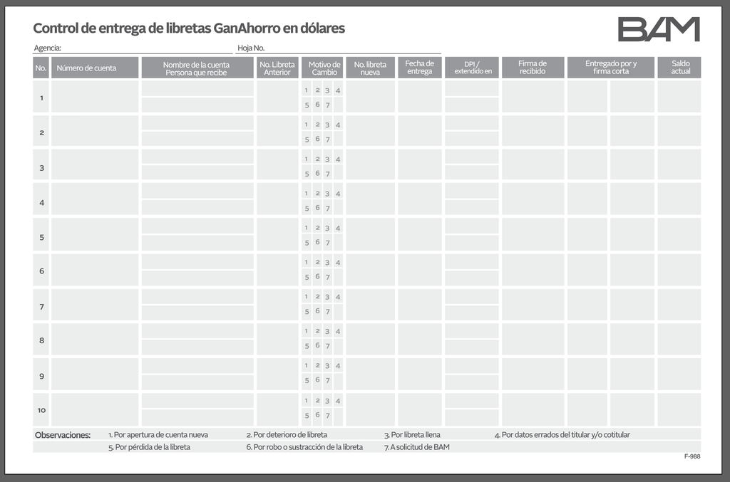 LIBRO DE ENTREGA GANAHORRO EN US$ BAM 