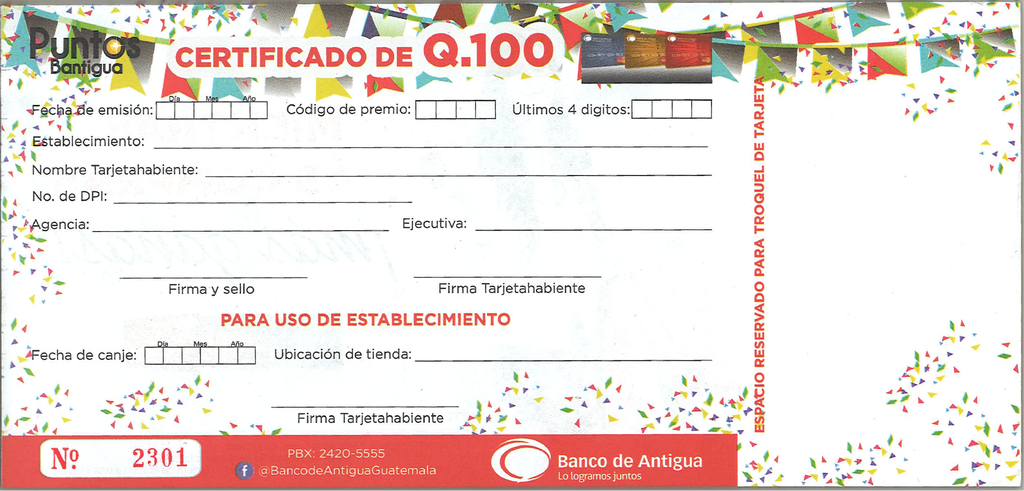 CERTIFICADO DE PUNTOS Q.100.00 BDA B/100