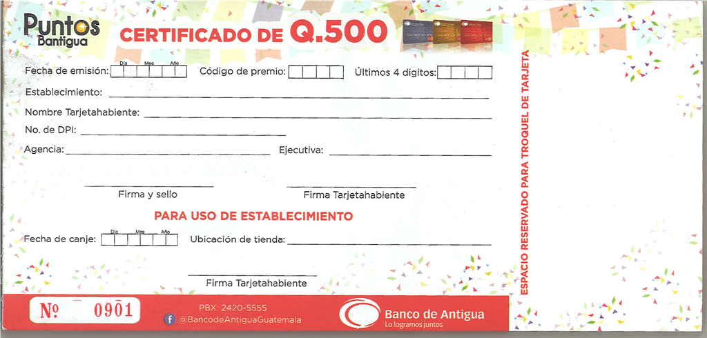 CERTIFICADO DE PUNTOS Q.500.00 BDA B/100