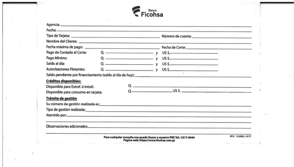 FORMULARIOS SALDOS DE TARJETA FICOHSA B/100
