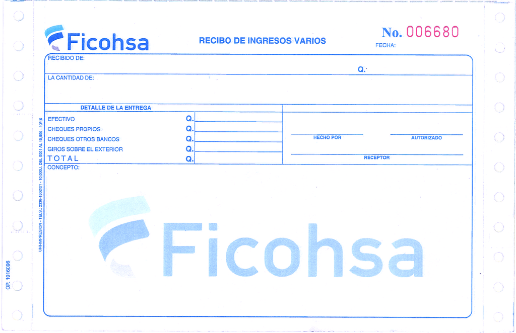 RECIBO INGRESOS VARIOS FICOHSA UNIDAD
