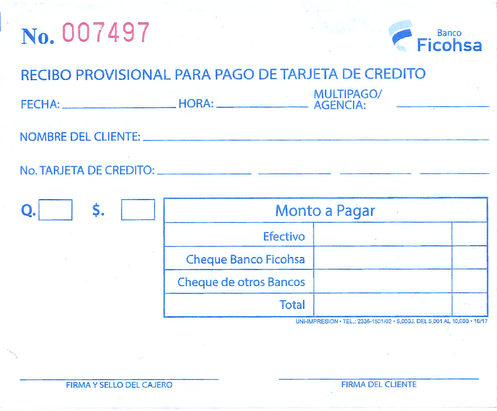 RECIBO PROVISIONAL PAGO TARJETA/CREDITO P/100