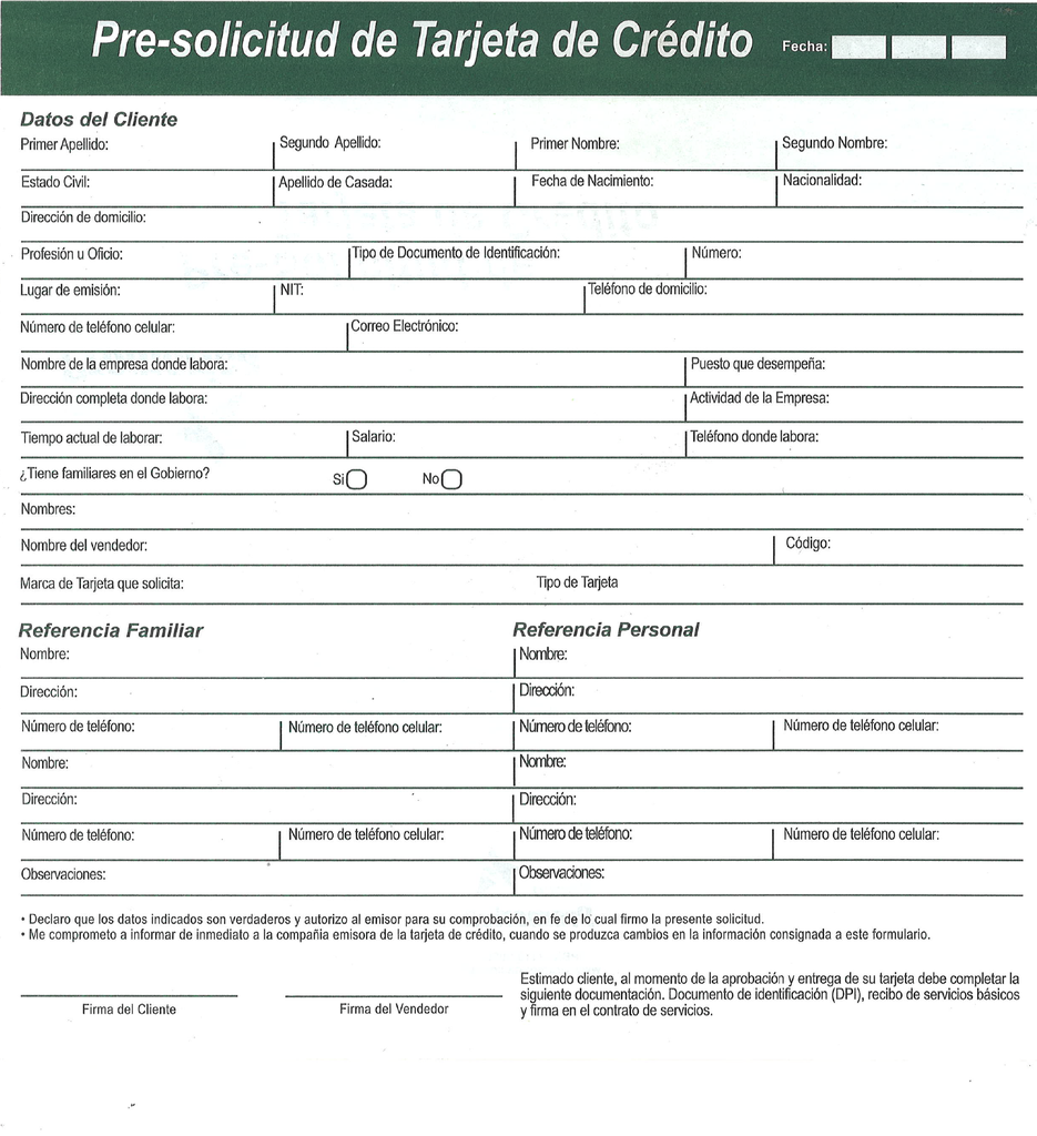 PRESOLICITUD TARJETA DE CREDITO BP