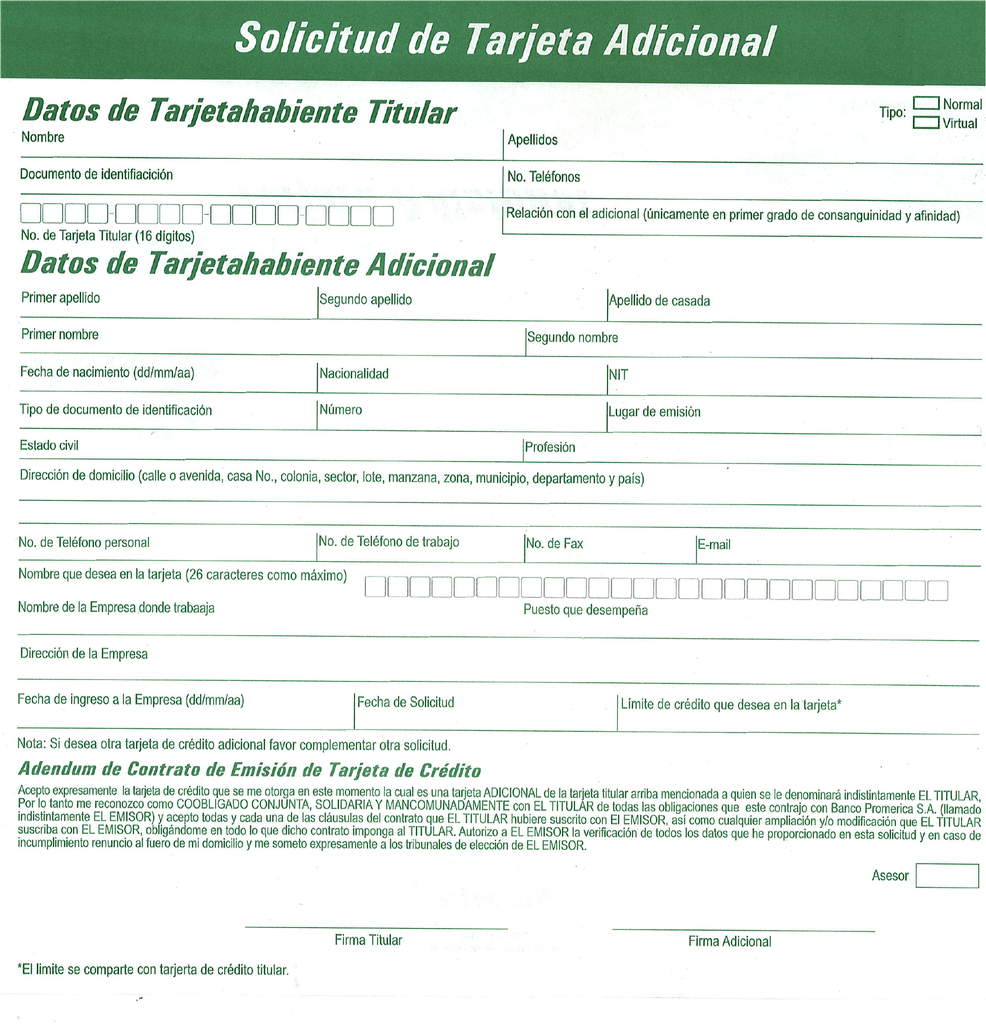 PRESOLICITUD DE TARJETA ADICIONAL