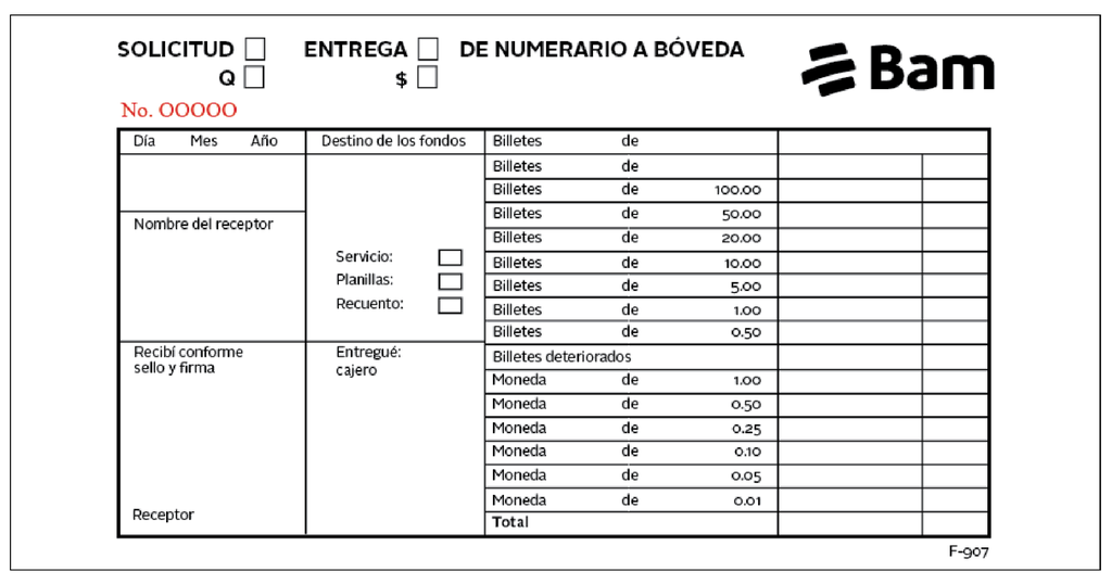 SOLICITUD DE NUMERARIO A BOVEDA BAM F-907 B/100