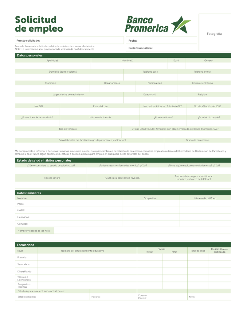 SOLICITUD DE EMPLEO BANCO PROMERICA  