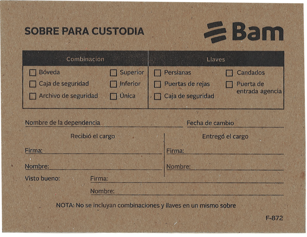 SOBRE PARA CUSTODIA DE LLAVES BAM 872.