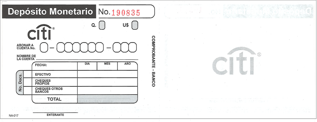 BOLETA DE DEPOSITO MONETARIO CITII Q Y $ P/100