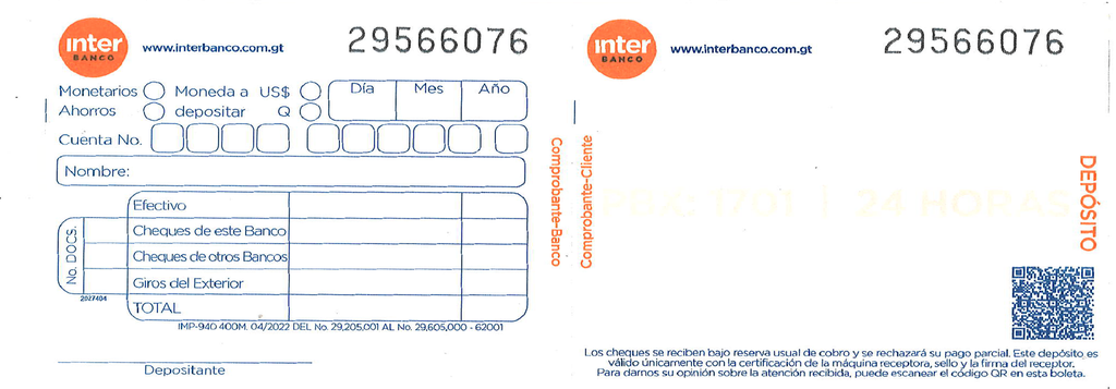 BOLETA UNICA DE DEPOSITO INTERBANCO  P/500