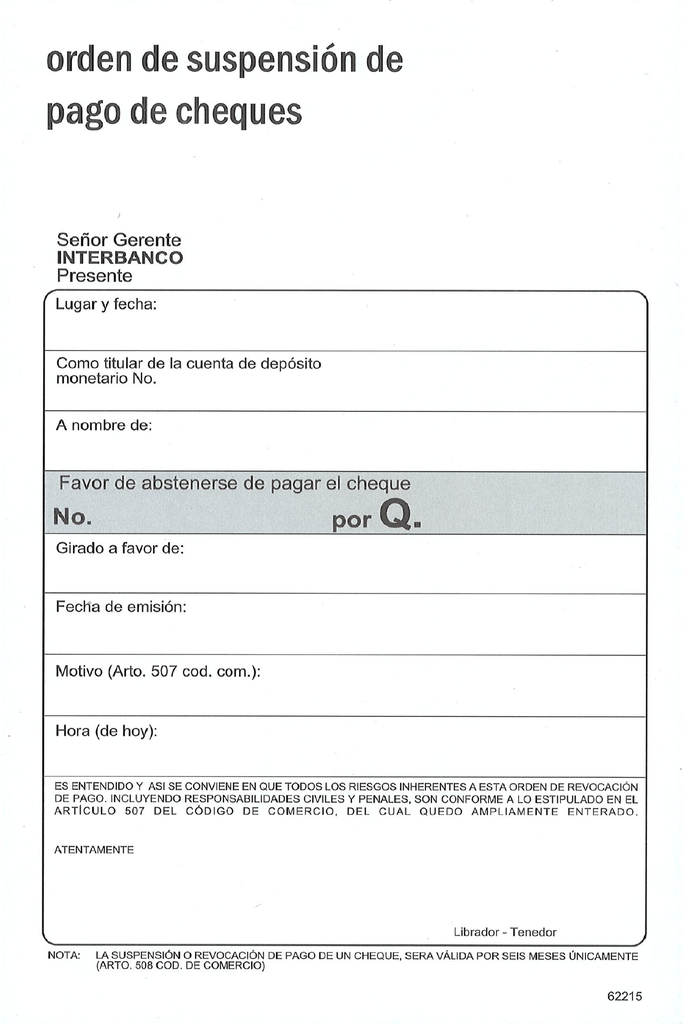 ORDEN SUSPENCION PAGO CHEQUES 