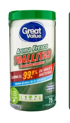 TOALLITAS DESINFECTANTES GREAT VALUE AROMA FRESCO BOTE/75