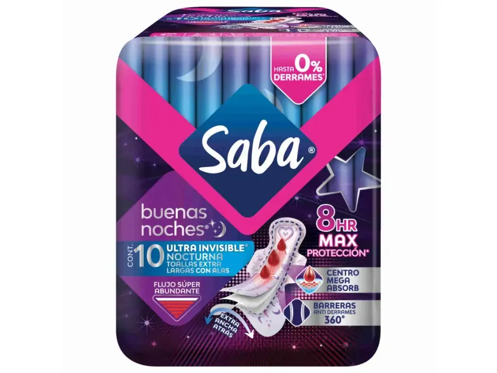 TOALLA FEMENINA SABA BUENAS NOCHES ULTRA INVISIBLE C/ALAS (UNIDAD)