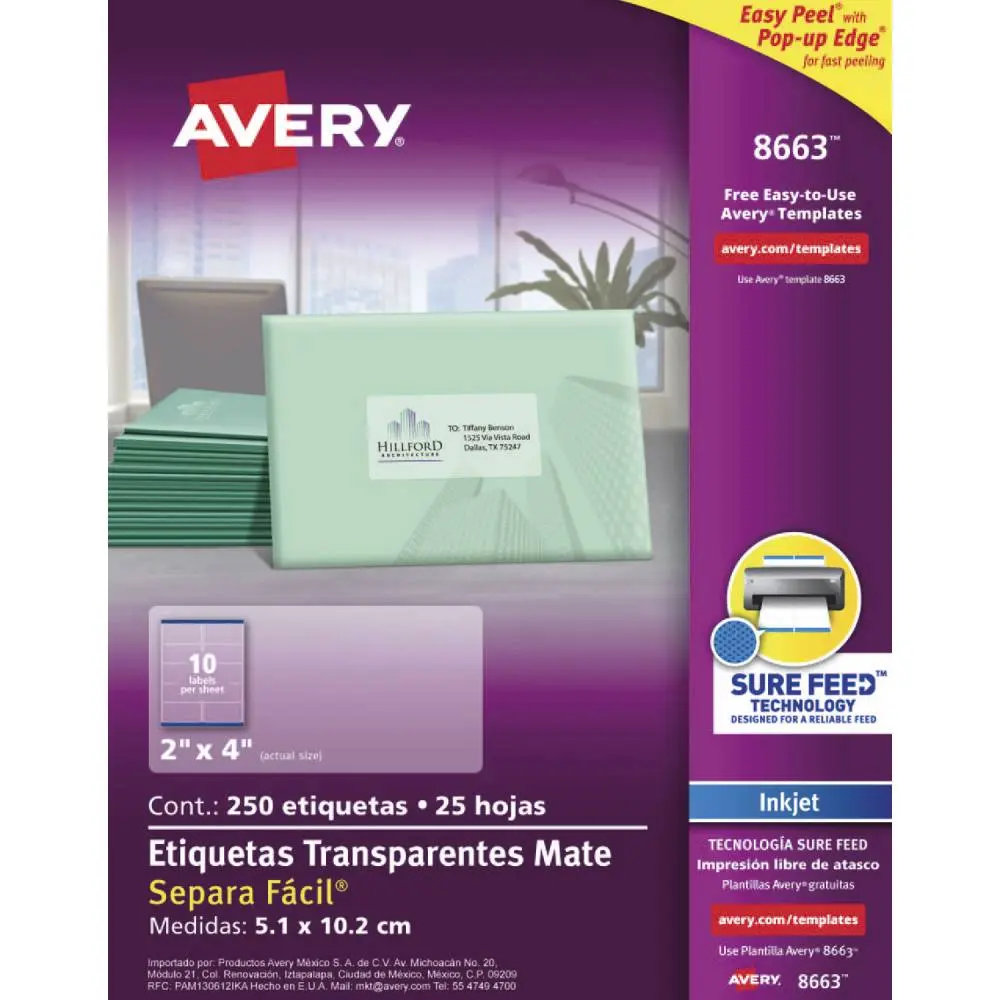 ETIQUETA AVERY 8663 INKJET CLEAR 2X4  3158