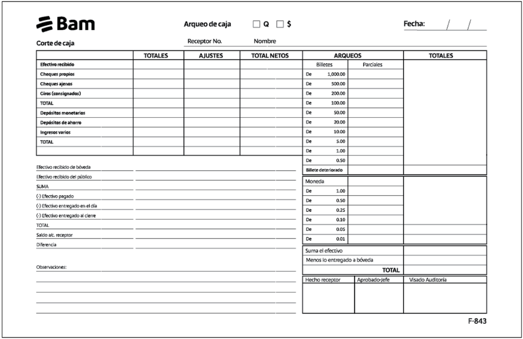 ARQUEO DE CAJA BAM B/100 843