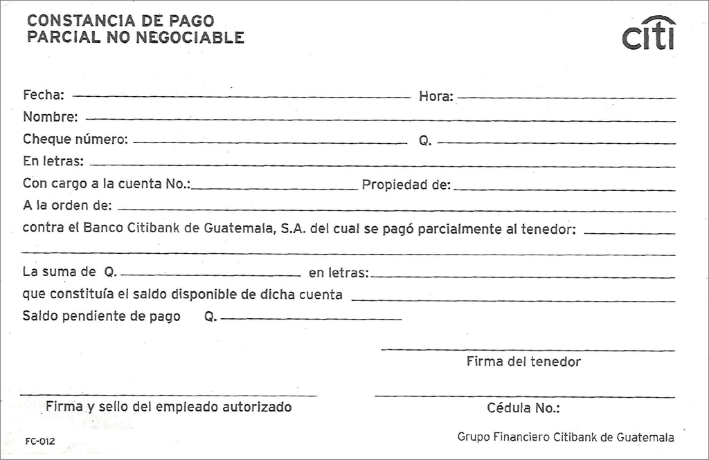 CONSTANCIA DE PAGO PARCIAL DE CHEQUE CITI