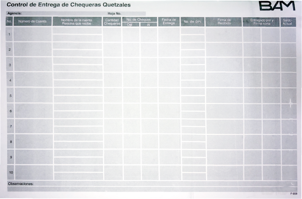 CONTROL DE ENTREGA DE CHEQUERAS BAM F-858
