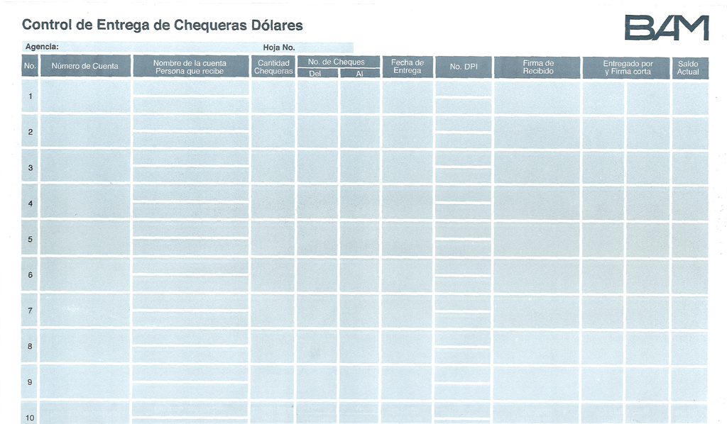 CONTROL ENTREGA CHEQUERAS EN USD$. BAM F-858A