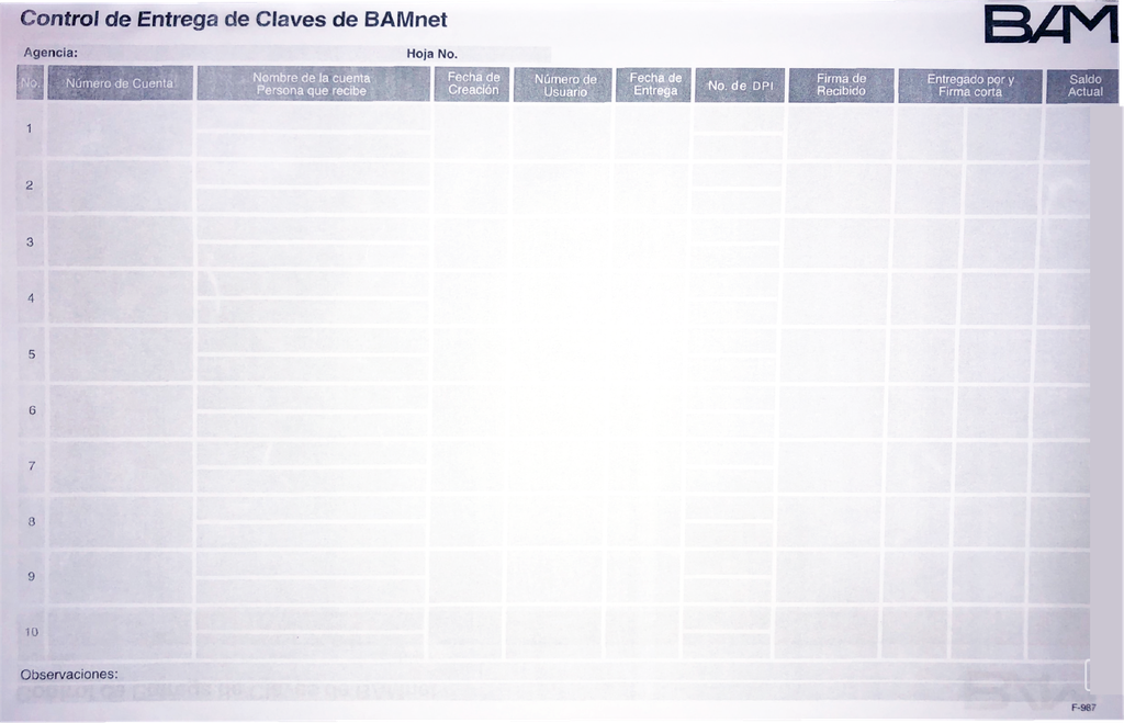 CONTROL ENTREGA CLAVES VIANET BAM F-987