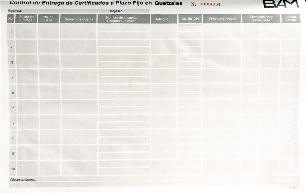 CONTROL ENTREGA CERTIFI PLAZO FIJO Q. BAM F-955