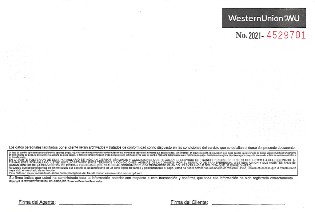 BOLETA WESTERN UNION P/100
