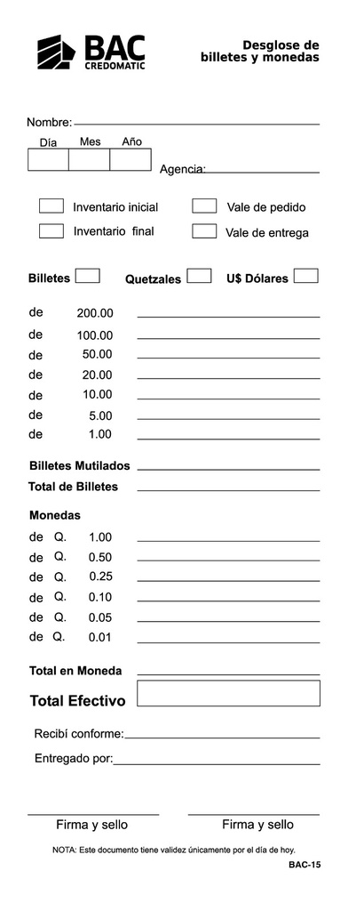 BAC-15DESGLOCE DE BILLETES Y MONEDAS PAP11-01481 B/50