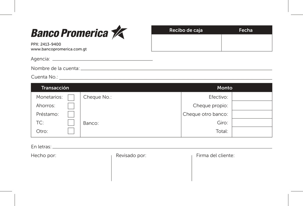 RECIBO DE CAJA BANCO PROMERICA B/50