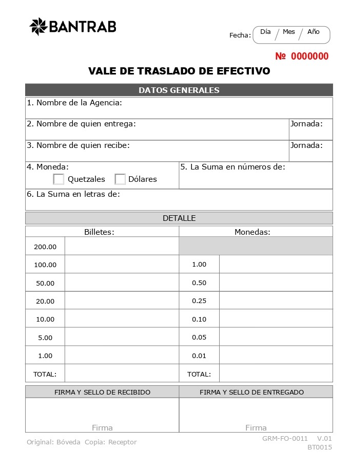 VALES DE TRASLADO DE EFECTIVO BLOCK DE 50 UNIDAD BT0015