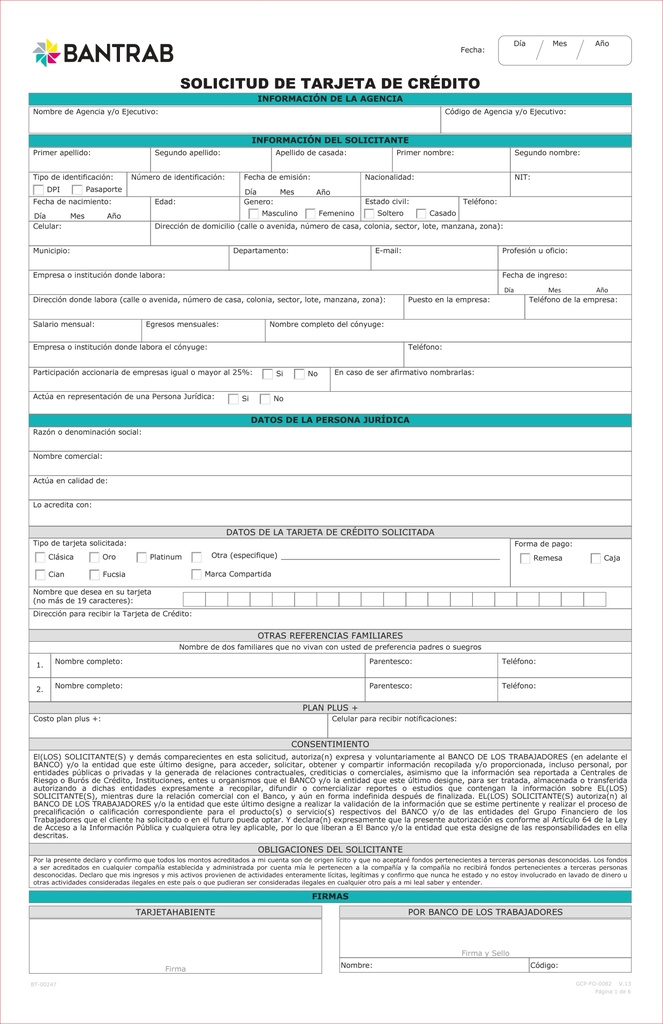 SOLICITUD DE TARJETA DE CREDITO, B/25 BT00247