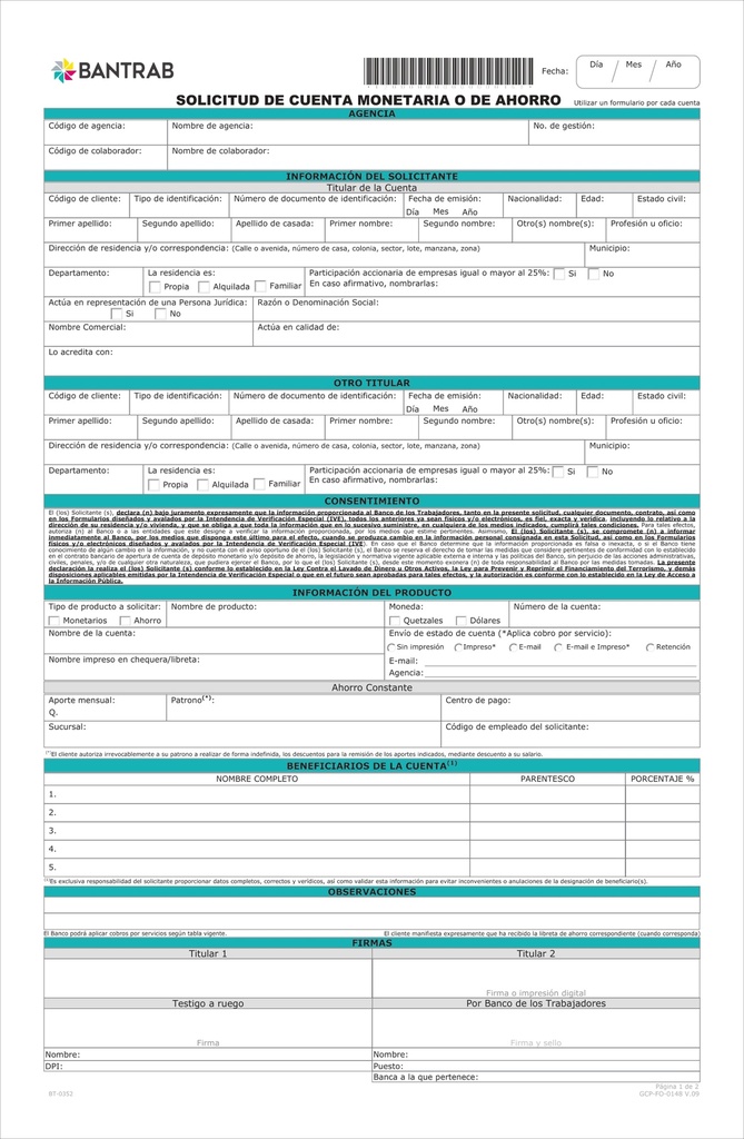 SOLICITUD DE CUENTA MONETARIA O DE AHORRO (B/25) BT00352