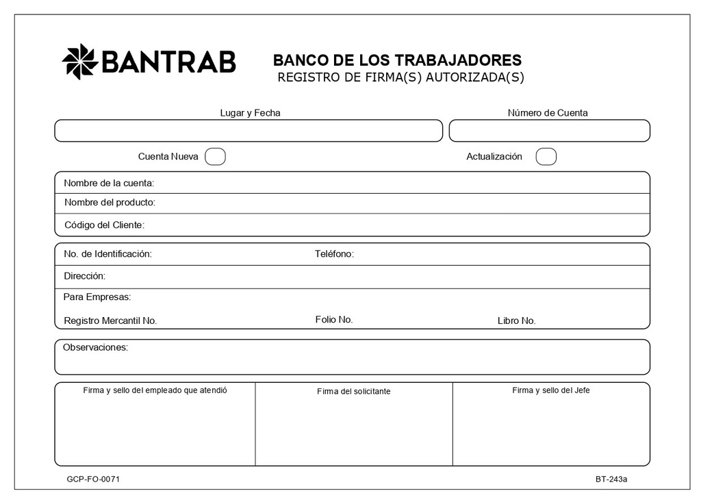 SOLICITUD DE REGISTRO DE FIRMAS, PAQUETE DE 100 BT00243A