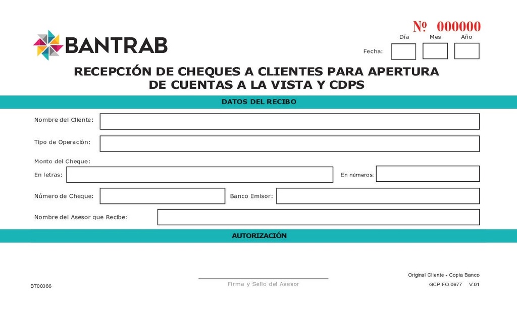 RECEPCION DE CHEQUES A CLIENTES PARA OPERACIONES PASIVAS B/50 BT00366