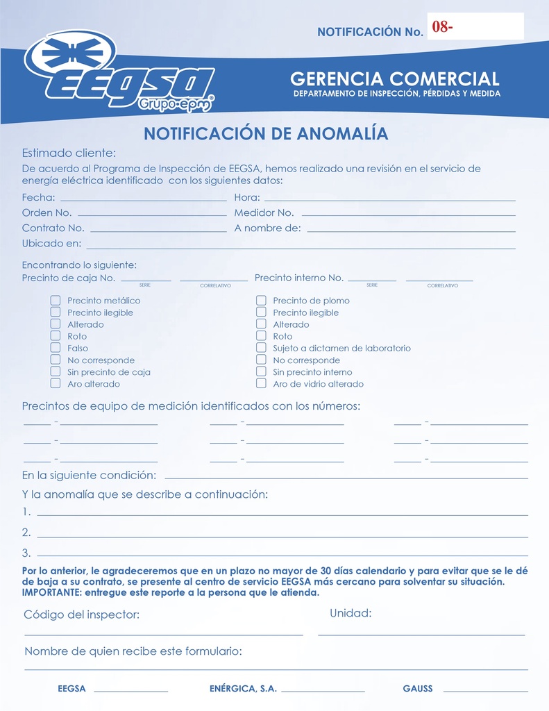 NOTIFICACION DE ANOMALIAS EEGSA B/25