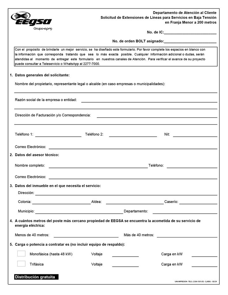 Formulario de extensión de líneas para servicios en baja tensión en franja menor a 200 mts. EEGSA