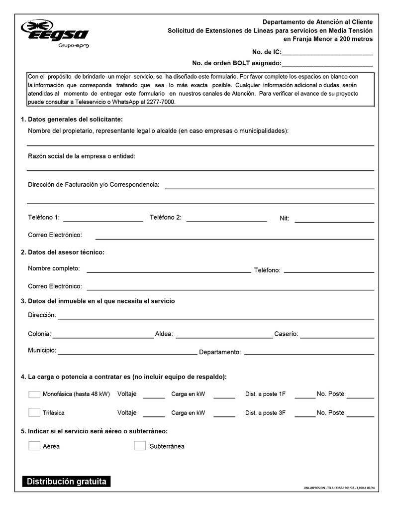 Formulario de extensión de líneas para servicios en media tensión en franja menor a 200 mts