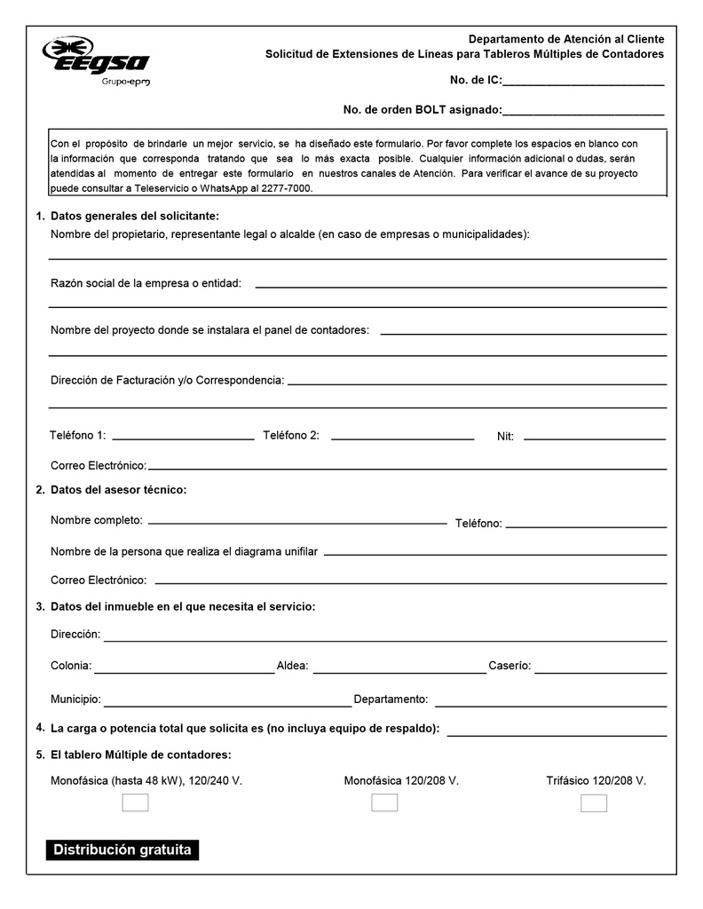 Formulario de extensión de líneas para tablero múltiple de contadores