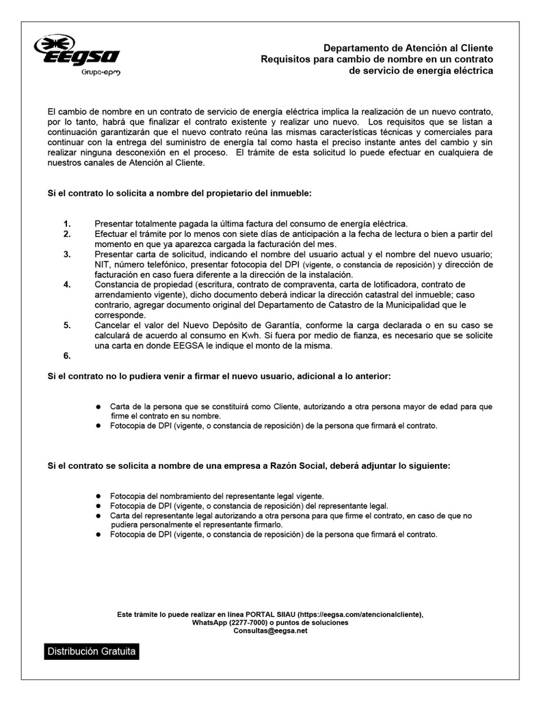 Requisitos para cambio de nombre EEGSA