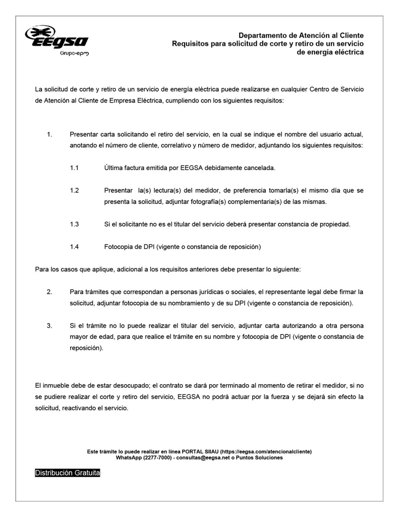 Requisitos para corte y retiro de un servicio EEGSA