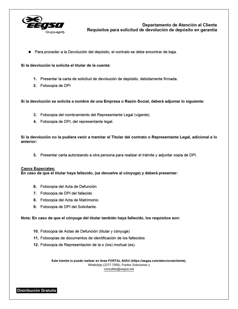 Requisitos para solicitud de devolución de depósito EEGSA