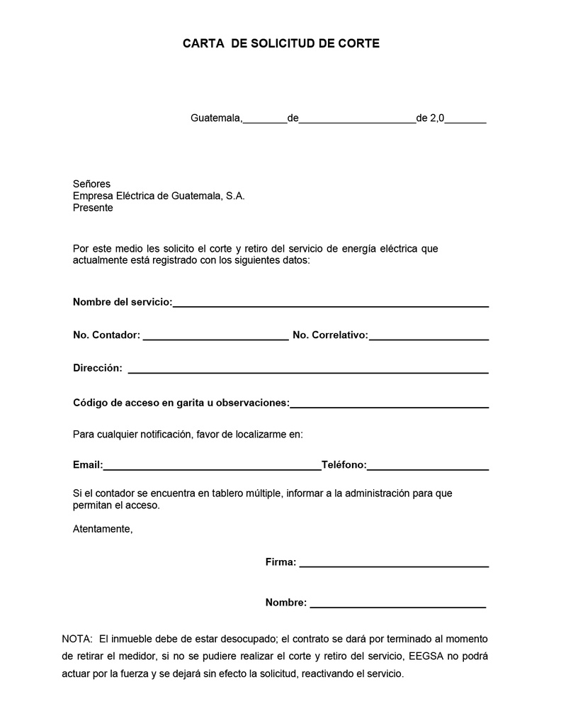 Carta de solicitud de corte final EEGSA