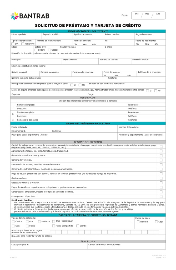 SOLICITUD COMBO PRESTAMO Y TC BLOCK BT00371 B/25  NUEVO