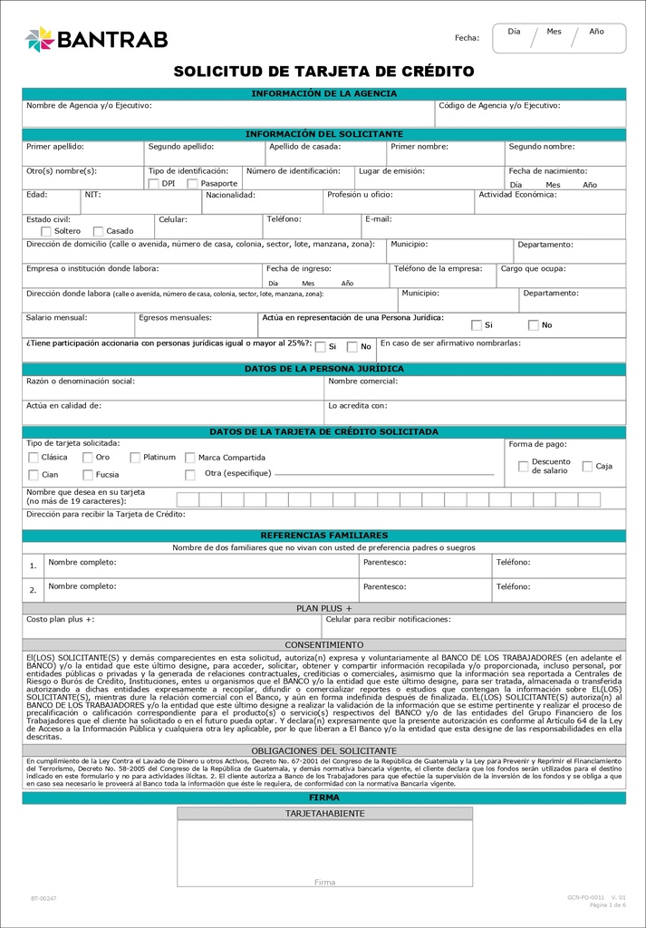 SOLICITUD DE TARJETA DE CREDITO, B/25 BT00247 NUEVO SEP2024
