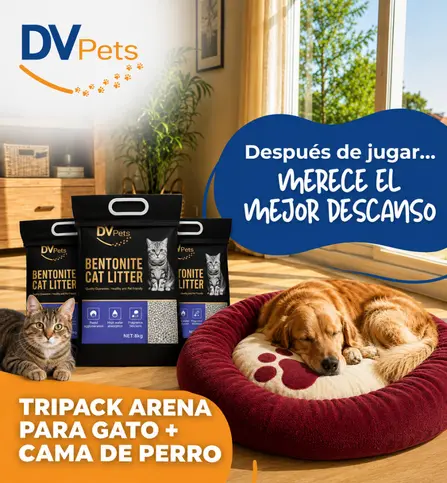 TRIPACK ARENA PARA GATO + CAMA PARA MASCOTA 70CM.