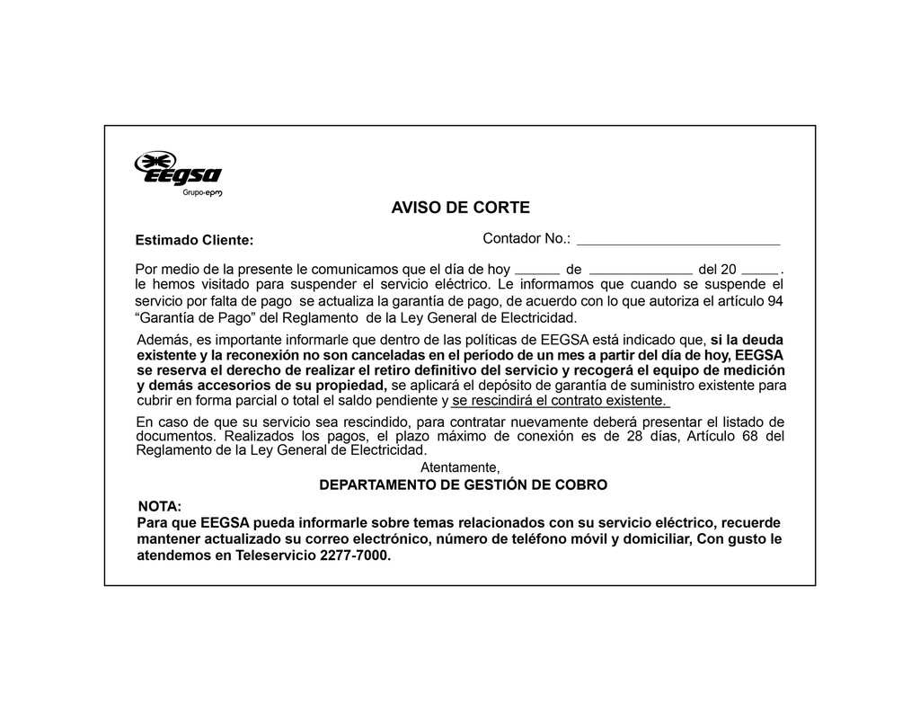 BOLETAS AMARILLAS AVISO DE CORTE EEGSA